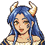 Maren, a dragonkin woman with dark blue hair and ivory horns.